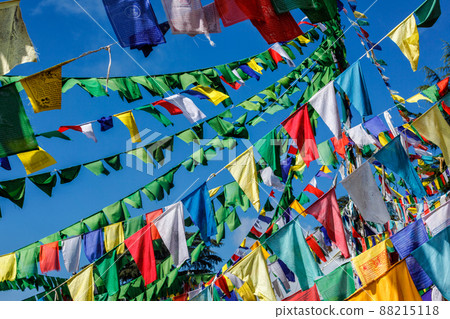 Buddhist prayer flags lunga in McLeod Ganj, Himachal Pradesh, India 88215118