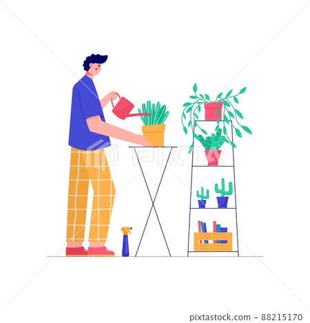 Modern men geardering flowers in pot. people enjoying their hobbies, work, leisure. Vector illustration in flat cartoon style. Modern men geardering flowers in pot. people enjoying their hobbies, work, leisure. Vector illustration in flat cartoon style. 88215170
