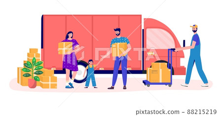 Family moves new home, house. People moving and collect supplies in boxes. Persone cartoon characters packing belongings. Young gay unpacking concept, delivery, relocation, move box 88215219