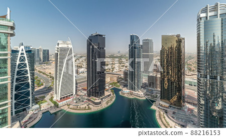 Panorama showing tall residential buildings at JLT aerial timelapse, part of the Dubai multi commodities centre mixed-use district. Panorama showing tall residential buildings at JLT aerial timelapse, part of the Dubai multi commodities centre mixed-use district. 88216153