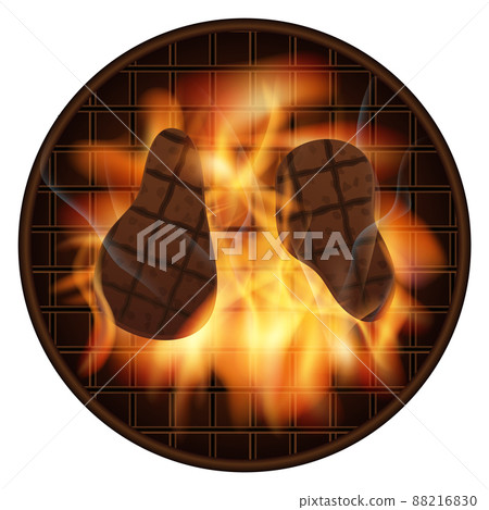 Bbq grill meat on grid with realistic fire flame 88216830