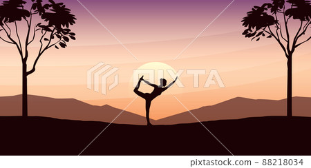 yoga girl on beautiful landscape with big trees and mountain view at sunset 88218034