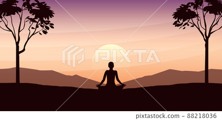 mediating person in yoga pose on beautiful landscape with big trees and mountain view at sunset mediating person in yoga pose on beautiful landscape with big trees and mountain view at sunset 88218036