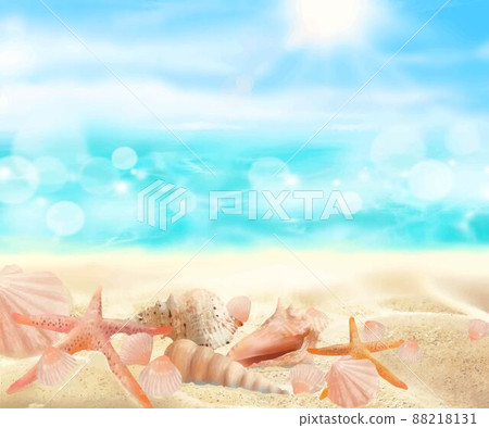 波光粼粼的海浪和夏日陽光燦爛的天空底部有海星和貝殼的沙灘的美麗散景的背景材料 波光粼粼的海浪和夏日陽光燦爛的天空底部有海星和貝殼的沙灘的美麗散景的背景材料 88218131