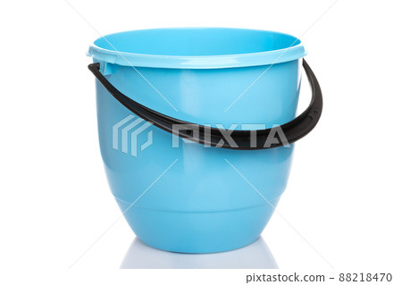light blue plastic bucket with a black handle on a white background 88218470