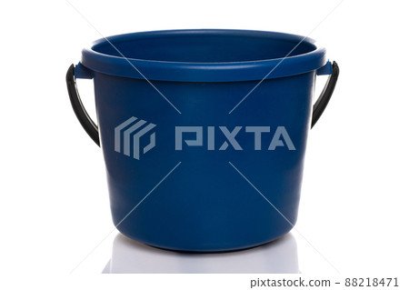 empty dark blue plastic bucket with a black handle on a white background empty dark blue plastic bucket with a black handle on a white background 88218471