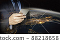 Double exposure of hand hold  smart phone with world background 88218658