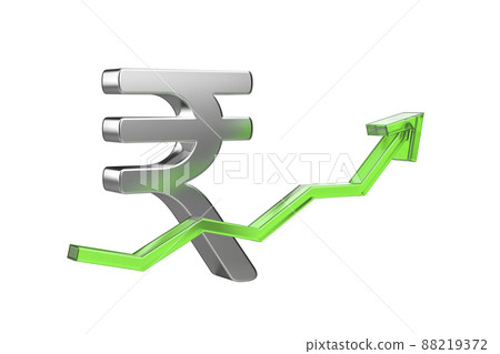 Indian rupee symbol with green arrow pointing up 88219372