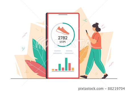 Flat woman using smartphone with pedometer for counting steps Flat woman using smartphone with pedometer for counting steps 88219704