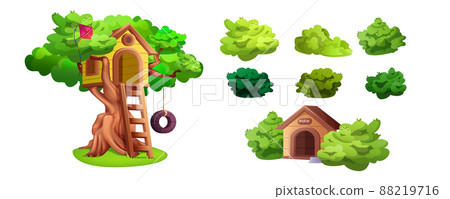 Cartoon tree house with wooden ladder, green bushes and doghouse 88219716