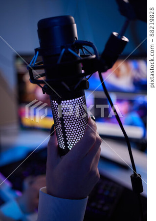 Microphone computer set for stream gaming and blurry background, microphone studio and computer set. 88219828