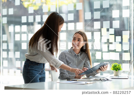 Two business presentation meeting for planning work, investment projects, and trading strategy for trading partners. Finance and Accounting concept. 88220257