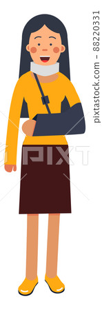 Injured woman with broken arm and neck bandage. Wound treatment 88220331