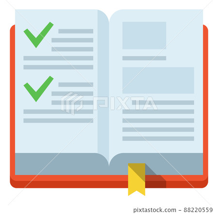 Open book with green check marks on pages. Complete study concept Open book with green check marks on pages. Complete study concept 88220559