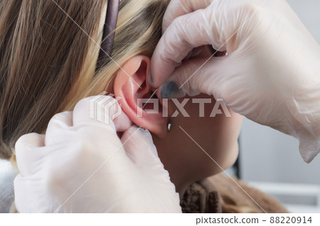 piercings on an ear. Conch and helix piercings close up. 88220914