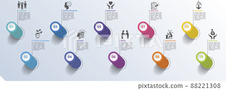 Infographic Business Management icons vector illustration. 10 colored steps info template with editable text. Infographic Business Management icons vector illustration. 10 colored steps info template with editable text. 88221308