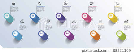 Infographic Business Intelligence icons vector illustration. 10 colored steps info template with editable text. Infographic Business Intelligence icons vector illustration. 10 colored steps info template with editable text. 88221309