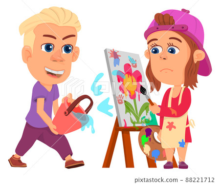 Boy bad behavior. Kid destroying painting and bullying girl Boy bad behavior. Kid destroying painting and bullying girl 88221712