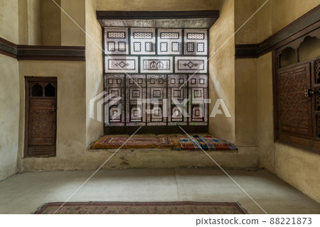Hall at historic ottoman El Sehemy house, with Interleaved wooden window - Mashrabiya, Cairo, Egypt Hall at historic ottoman El Sehemy house, with Interleaved wooden window - Mashrabiya, Cairo, Egypt 88221873