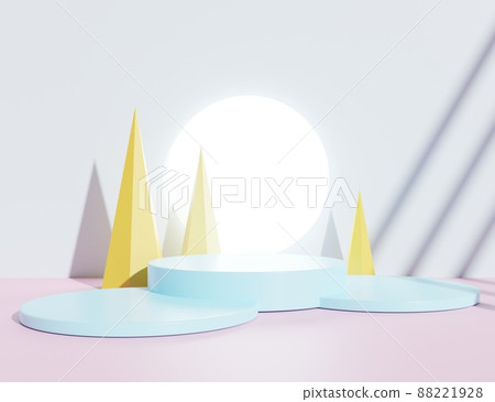 3D rendering of empty room, Abstract pastel color minimal display empty space. Geometry podium for beauty cosmetic, baby products, or showcase. 3D rendering of empty room, Abstract pastel color minimal display empty space. Geometry podium for beauty cosmetic, baby products, or showcase. 88221928