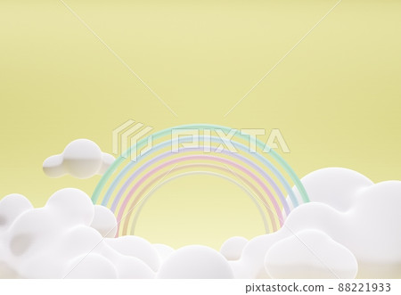 Stand and display colorful pastel clouds and rainbow in the baby room interior. 3D rendering. A scene for advertising, Minimalist mockup for podium display or showcase. Stand and display colorful pastel clouds and rainbow in the baby room interior. 3D rendering. A scene for advertising, Minimalist mockup for podium display or showcase. 88221933