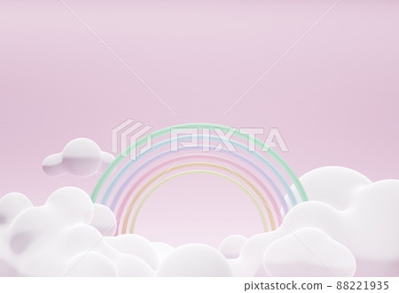 Stand and display colorful pastel clouds and rainbow in the baby room interior. 3D rendering. A scene for advertising, Minimalist mockup for podium display or showcase. Stand and display colorful pastel clouds and rainbow in the baby room interior. 3D rendering. A scene for advertising, Minimalist mockup for podium display or showcase. 88221935