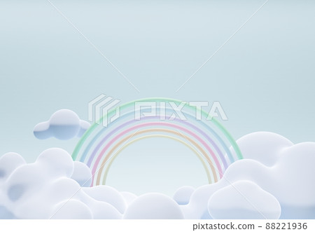 Stand and display colorful pastel clouds and rainbow in the baby room interior. 3D rendering. A scene for advertising, Minimalist mockup for podium display or showcase. Stand and display colorful pastel clouds and rainbow in the baby room interior. 3D rendering. A scene for advertising, Minimalist mockup for podium display or showcase. 88221936