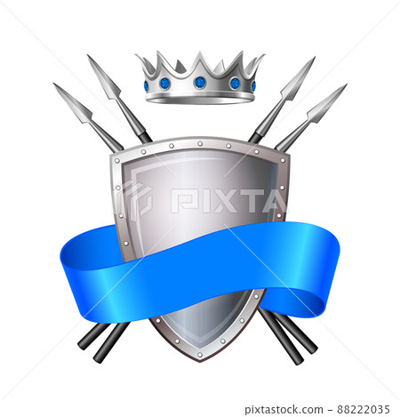 Vector heraldic Coat of arms with crossed spears, ribbon, knightly crown and shield. Vector heraldic Coat of arms with crossed spears, ribbon, knightly crown and shield. 88222035