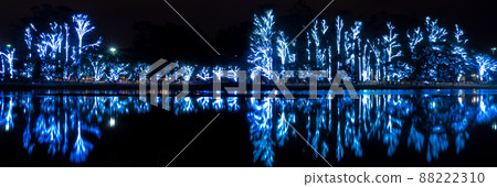 Ibirapuera, most important city park in Sao Paulo, decorated for christmas. lake, trees, fountains, colors and the city at behind 88222310