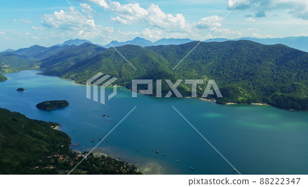Panoramic of tropical fiord in Paraty, Rio de Janeiro, Brazil, from the Pao de Acucar peak in Saco do Mamangua 88222347