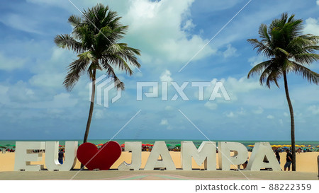 Big sign of I LOVE JAMPA on the sandy beach against the cloudy blue sky, Joao Pessoa, Brazil Big sign of I LOVE JAMPA on the sandy beach against the cloudy blue sky, Joao Pessoa, Brazil 88222359