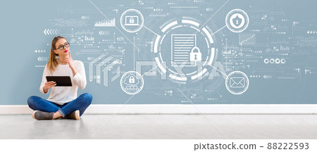 Data protection concept with young woman using a tablet Data protection concept with young woman using a tablet 88222593