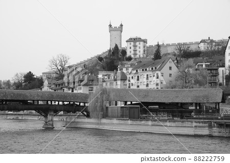 Spreuer Bridge, historic timber bridge in Lucerne. Spreuer Bridge, historic timber bridge in Lucerne. 88222759