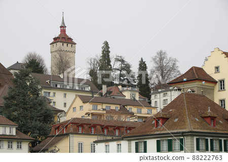 Roofs of houses in Lucerne and Wachtturm, historic tower. Roofs of houses in Lucerne and Wachtturm, historic tower. 88222763