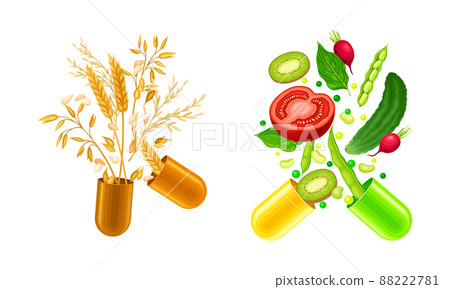 Vitamins and supplements. Open capsules with cereals and vegetables splash vector illustration 88222781
