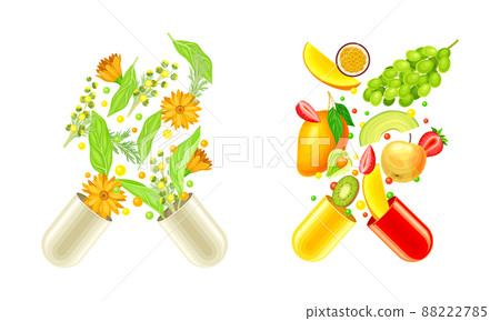 Vitamins and supplements. Open capsules with fruit, herbs and berries splashes vector illustration 88222785