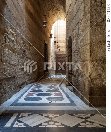 Vaulted passage leading to the Courtyard of Sultan Qalawun mosque with colorful marble floor, Cairo Vaulted passage leading to the Courtyard of Sultan Qalawun mosque with colorful marble floor, Cairo 88223138