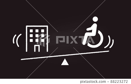 Building and wheelchair, work and long-term care / illness image illustration, chalk on blackboard, vector 88223272