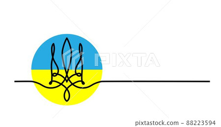 Emblem of Ukraine background. Trident, coat of arms icon, round sign,pictogram. One continuous line art drawing vector background with Ukrainian trident sign 88223594