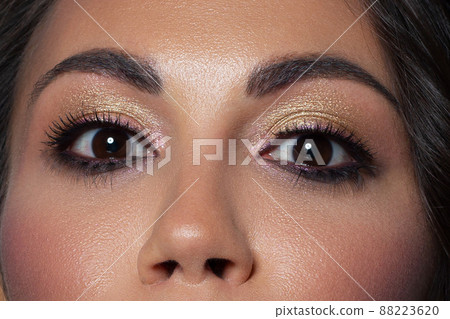 Elegance close-up female eye with light pink eyeshadow. Macro shot of part of the face of a beautiful woman. Wellness, cosmetics and makeup. smooth beautiful eyebrows and eyelashes Elegance close-up female eye with light pink eyeshadow. Macro shot of part of the face of a beautiful woman. Wellness, cosmetics and makeup. smooth beautiful eyebrows and eyelashes 88223620