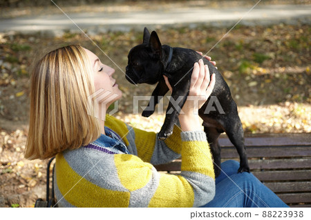 woman sitting on a bench with french bulldog woman sitting on a bench with french bulldog 88223938