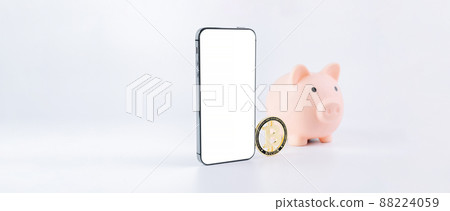 Smartphone mockup virtual coin application. Piggy bank with bitcoin BTC, mobile smart phone blank screen. Bitcoin wallet save. Smartphone mockup virtual coin application. Piggy bank with bitcoin BTC, mobile smart phone blank screen. Bitcoin wallet save. 88224059
