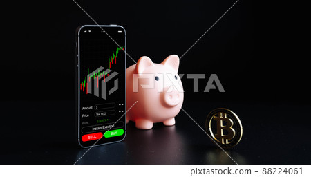 Bitcoin wallet. Gold crypto currency BTC bitcoin, pink piggy bank. Crypto currency trading mobile phone application on black background. Save virtual money concept. Bitcoin wallet. Gold crypto currency BTC bitcoin, pink piggy bank. Crypto currency trading mobile phone application on black background. Save virtual money concept. 88224061
