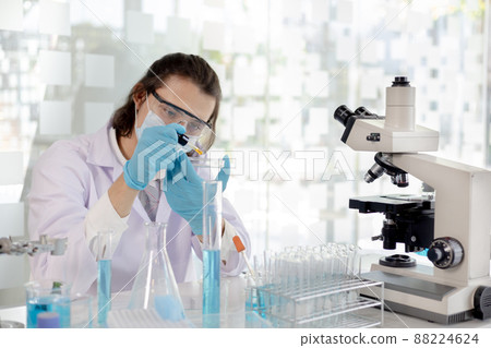 Scientists experiment with synthetic substances from nature to modify the genetics or DNA of plants to be resistant to disease, Lab experiments, Researchers scientist working analysis with test tube. 88224624