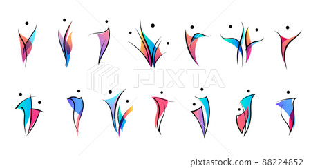 Vector set human body logos, people shapes, linear colorful stylized figures. Use for fitness, wellness, sport competitions, other activities identity. Family, community, together. Vector set human body logos, people shapes, linear colorful stylized figures. Use for fitness, wellness, sport competitions, other activities identity. Family, community, together. 88224852