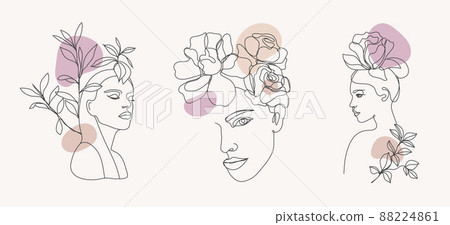 Vector set of women faces, bodies line art illustrations, logos with flowers and leaves, feminine nature concept. Use for prints, tattoos, posters, textile, logotypes, cards etc. Beautiful women faces Vector set of women faces, bodies line art illustrations, logos with flowers and leaves, feminine nature concept. Use for prints, tattoos, posters, textile, logotypes, cards etc. Beautiful women faces 88224861