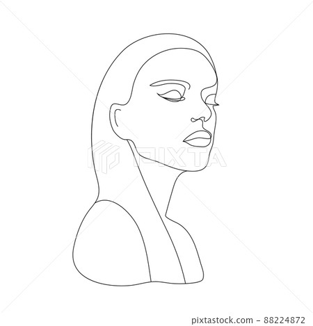 Vector hand drawn linear art, woman face, continuous line, fashion concept, feminine beauty minimalist. Print, illustration for t-shirt, design, logo for cosmetics, etc Vector hand drawn linear art, woman face, continuous line, fashion concept, feminine beauty minimalist. Print, illustration for t-shirt, design, logo for cosmetics, etc 88224872