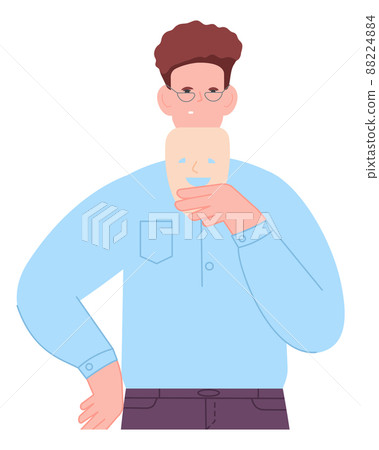 Fake smiling face wearing. Man hiding emotion Fake smiling face wearing. Man hiding emotion 88224884