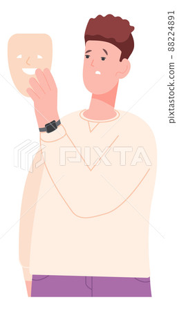 Man holding fake smile mask. Unsincere social behavior Man holding fake smile mask. Unsincere social behavior 88224891