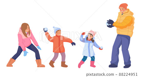 Parents playing snowballs with children. Family outdoor together 88224951